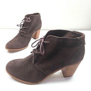 Toms Ankle Booties Suede Dark Brown High Block Heel Lace Up Boots Size 9.5